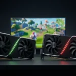 Duas placas de vídeo genéricas lado a lado, uma com luz verde e outra com luz vermelha, ilustrando a comparação entre GeForce e Radeon