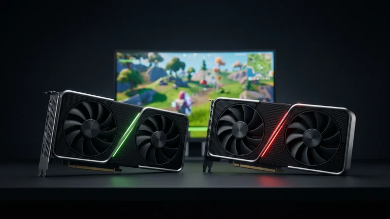 Duas placas de vídeo genéricas lado a lado, uma com luz verde e outra com luz vermelha, ilustrando a comparação entre GeForce e Radeon