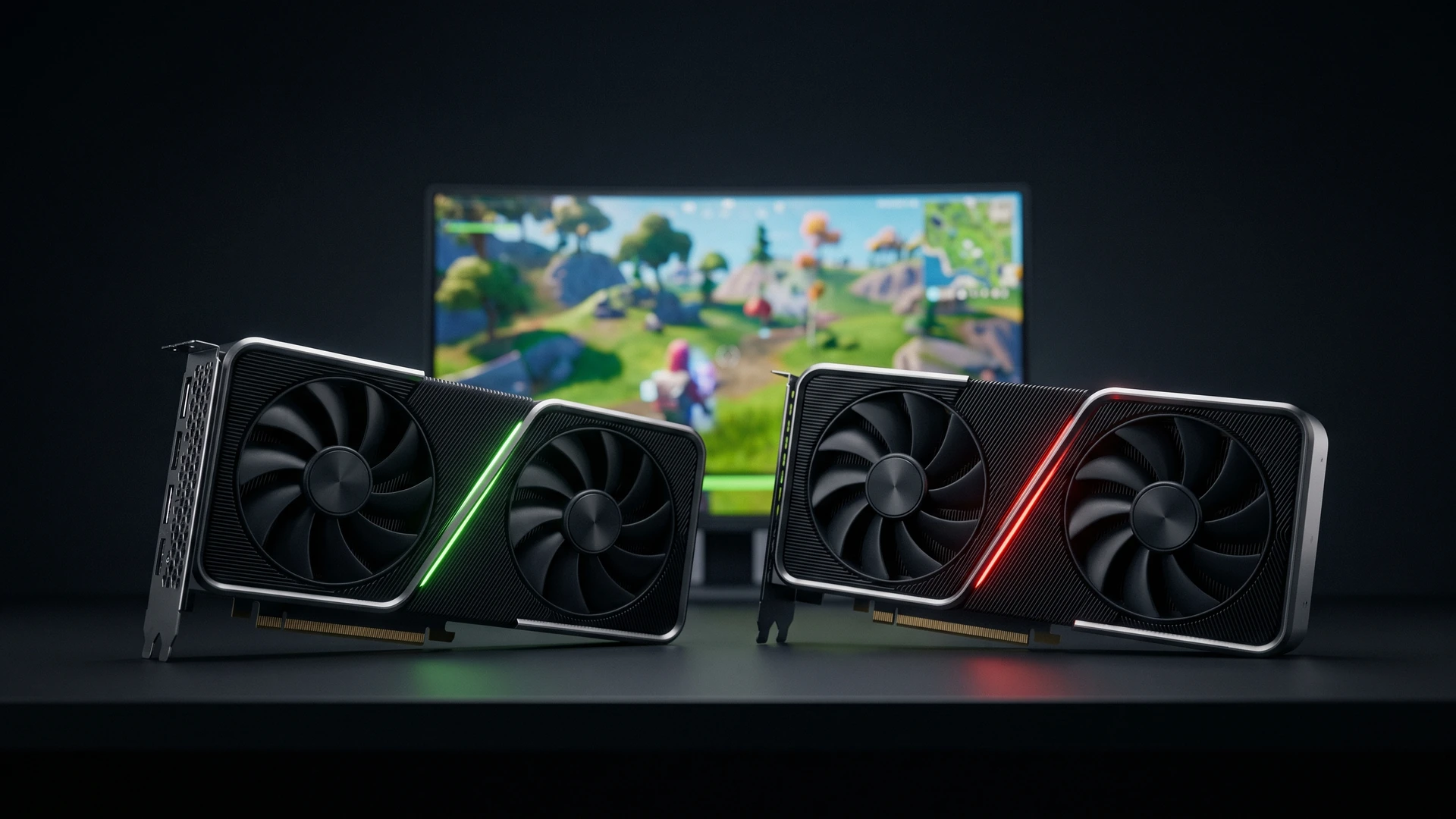 Duas placas de vídeo genéricas lado a lado, uma com luz verde e outra com luz vermelha, ilustrando a comparação entre GeForce e Radeon