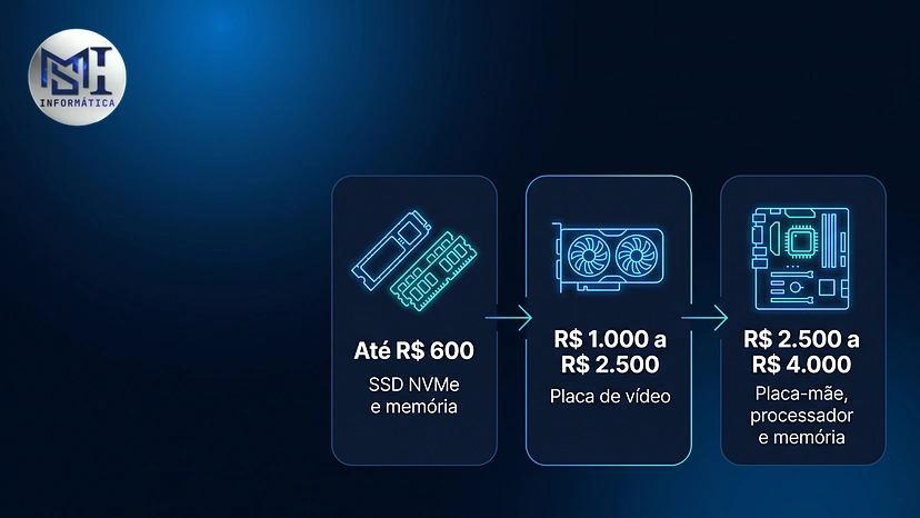 Faixas de upgrade do PC gamer: até R$ 600 SSD e memória, R$ 1.000 a R$ 2.500 placa de vídeo, R$ 2.500 a R$ 4.000 placa-mãe e processador