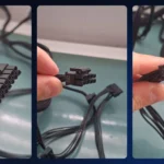 Três conectores da fonte na mão: 24 pinos da placa-mãe, 8 pinos do processador e PCIe 6+2 da placa de vídeo