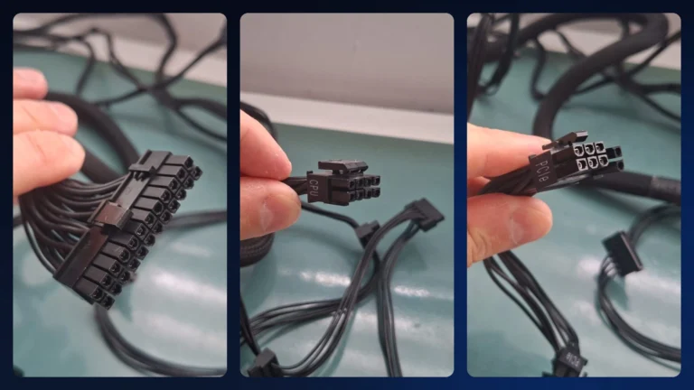 Três conectores da fonte na mão: 24 pinos da placa-mãe, 8 pinos do processador e PCIe 6+2 da placa de vídeo