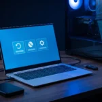 Formatar o PC apaga tudo: notebook na tela de recuperação, com HD externo e pen drive ligados para o backup, ao lado de um PC de mesa