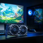 FPS baixo em PC bom: placa de vídeo fora do PC, deitada na mesa de um setup gamer com o gabinete aceso e um jogo no monitor