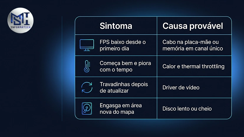 Quadro do FPS baixo em PC bom: sintoma e causa provável, do cabo na placa-mãe ao disco lento