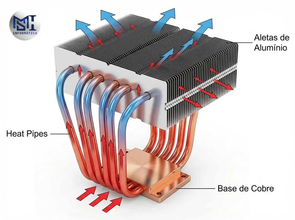 Diagrama técnico mostrando o funcionamento dos heat pipes e aletas de um Air Cooler.