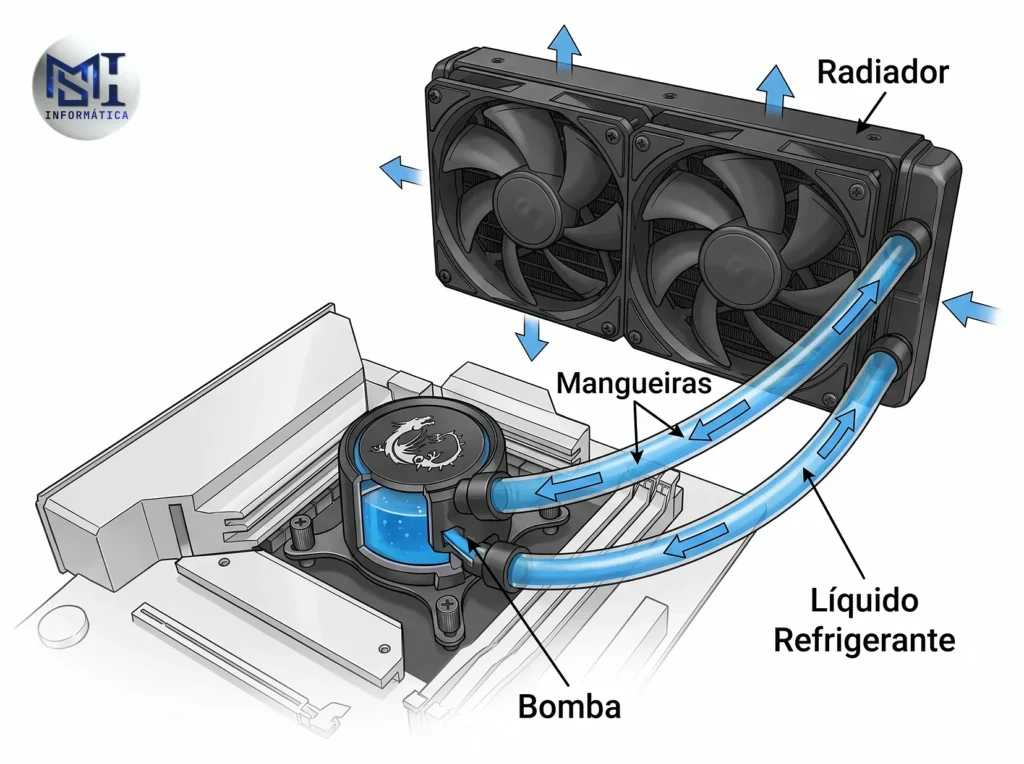Diagrama técnico de um sistema de Water Cooler AIO destacando bomba, mangueiras e radiador.