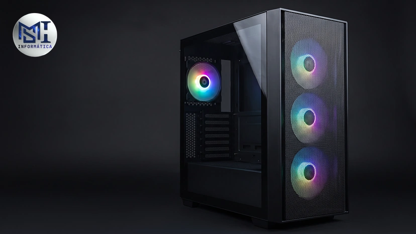 Gabinete gamer com a frente de tela (mesh) e três ventoinhas RGB atrás dela: a entrada de ar livre que mais pesa no gabinete