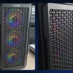 Gabinete Pichau Apus de frente em malha com três ventoinhas ARGB acesas, visto de frente e de lado
