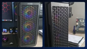 Gabinete Pichau Apus de frente em malha com três ventoinhas ARGB acesas, visto de frente e de lado