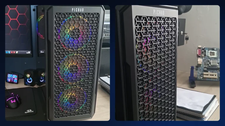 Gabinete Pichau Apus de frente em malha com três ventoinhas ARGB acesas, visto de frente e de lado