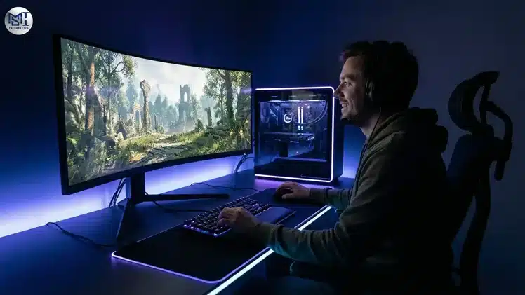 Setup gamer de alto desempenho com placa de vídeo RTX e monitor ultrawide em 2026