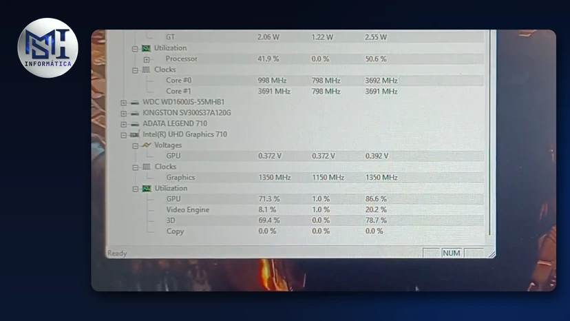 HWMonitor aberto no PC do canal: uso e clock do processador e uso da placa de vídeo integrada Intel UHD 710, no vídeo do canal