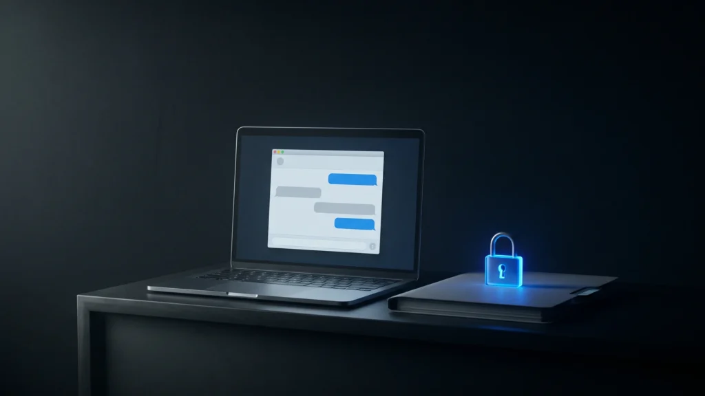Notebook no balcão de atendimento com janela de chat genérica e um cadeado azul sobre a ficha do cliente, ilustrando a IA no atendimento sem expor dados