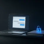Notebook no balcão de atendimento com janela de chat genérica e um cadeado azul sobre a ficha do cliente, ilustrando a IA no atendimento sem expor dados