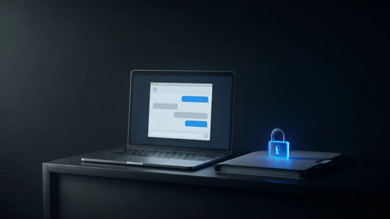 Notebook no balcão de atendimento com janela de chat genérica e um cadeado azul sobre a ficha do cliente, ilustrando a IA no atendimento sem expor dados
