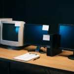 Quatro computadores de mesa de idades diferentes enfileirados numa mesa de escritório, com etiquetas de identificação e uma prancheta de levantamento, para o inventário de computadores da empresa