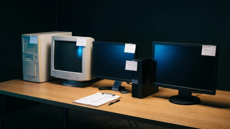 Quatro computadores de mesa de idades diferentes enfileirados numa mesa de escritório, com etiquetas de identificação e uma prancheta de levantamento, para o inventário de computadores da empresa