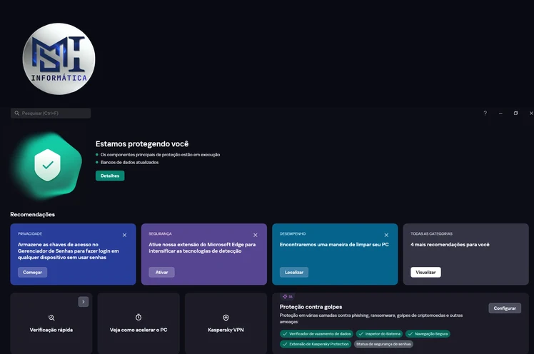 Painel do Kaspersky Plus, um antivírus pago, com a mensagem Estamos protegendo você e atalhos para VPN e proteção contra golpes