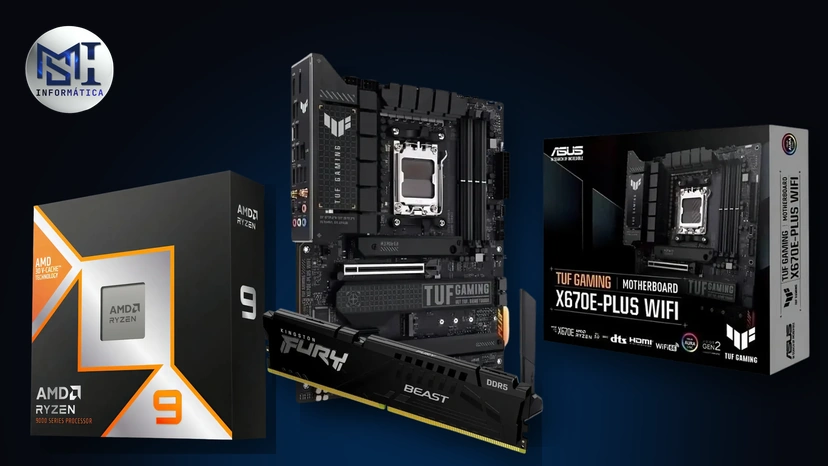 Kit alto: processador AMD Ryzen 9 9950X3D, placa-mãe ASUS TUF Gaming X670E-PLUS WiFi e memória Kingston Fury Beast DDR5
