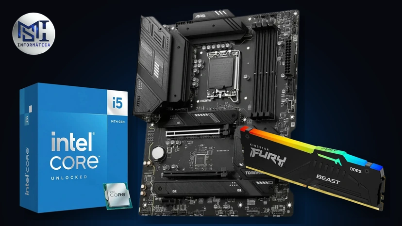 Kit médio: processador Intel Core i5-14600KF, placa-mãe MSI MAG B760 Tomahawk WiFi e memória Kingston Fury Beast RGB DDR5