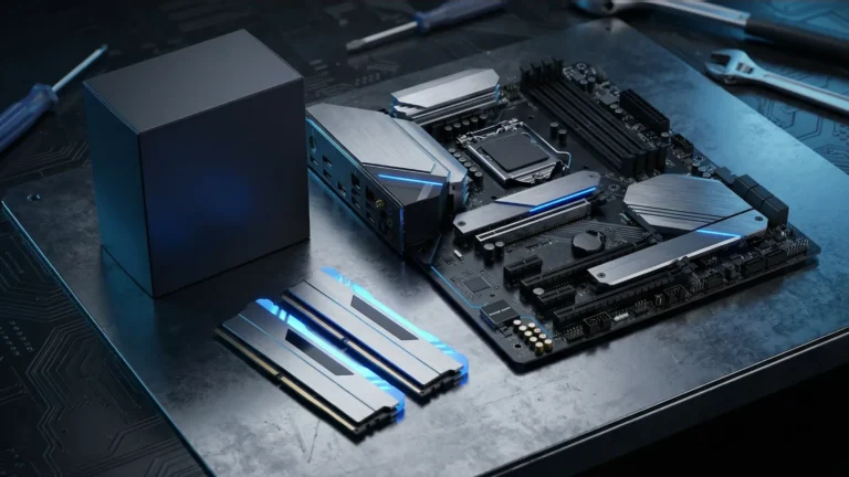 Componentes de hardware (processador, placa-mãe e memórias) organizados sobre a mesa