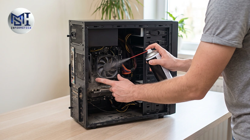 Mãos limpando por dentro um PC de mesa com ar comprimido, segurando parada a ventoinha do processador