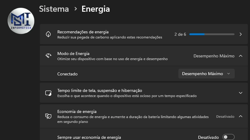 Configurações do Windows 11 em Sistema, Energia: Modo de Energia em Desempenho Máximo e Economia de energia desativada