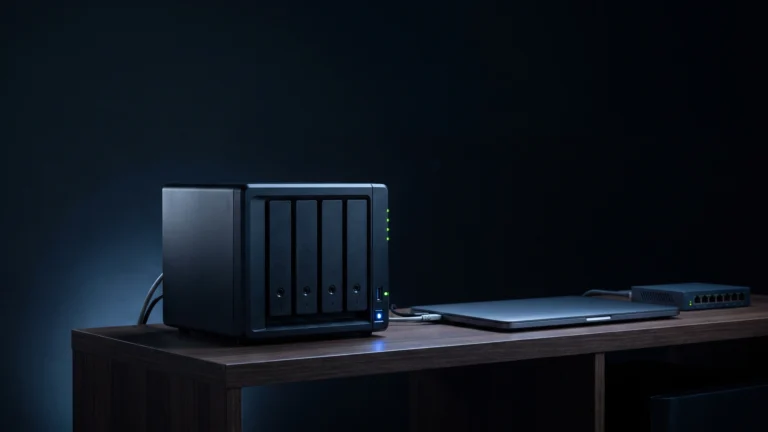 NAS de quatro baias com luzes acesas numa estante de escritório pequeno, ao lado de um notebook