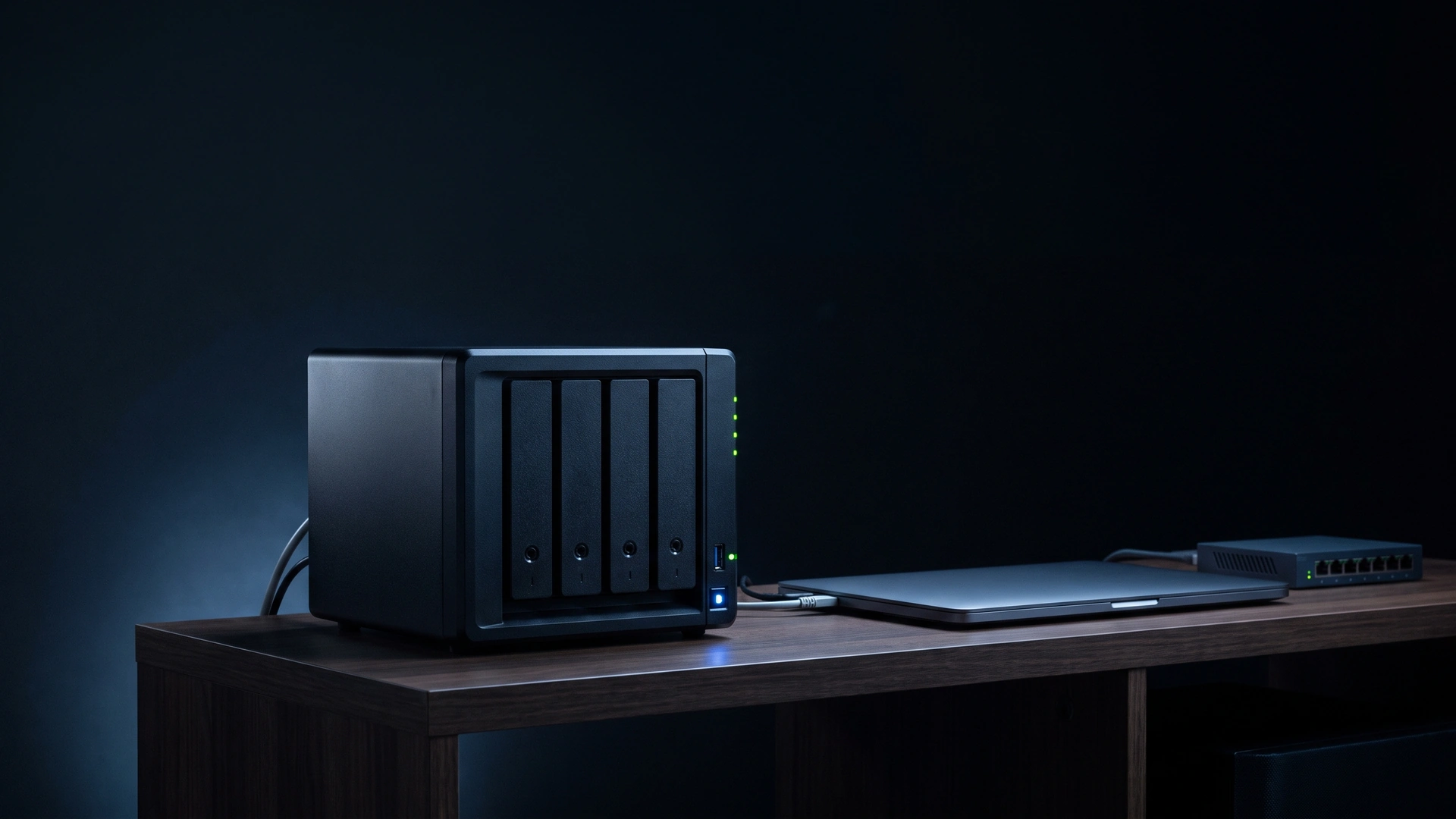 NAS de quatro baias com luzes acesas numa estante de escritório pequeno, ao lado de um notebook