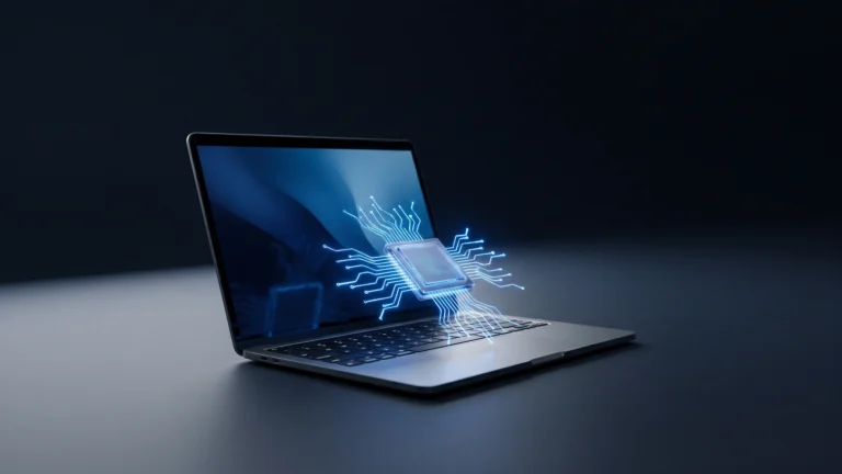 Notebook com NPU aberto sobre mesa escura com um chip iluminado em azul flutuando acima do teclado