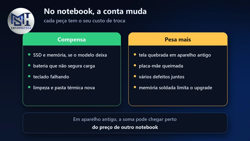 Notebook, consertar ou trocar: SSD, memória, bateria e teclado compensam; tela em aparelho antigo, placa-mãe e memória soldada pesam mais