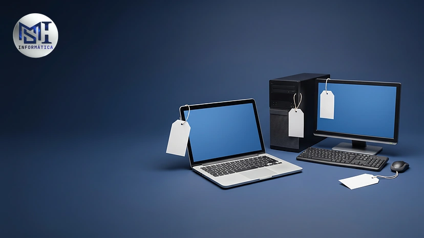 Notebook com uma etiqueta de preço e desktop com etiquetas no gabinete, no monitor e no mouse: o custo total de cada formato