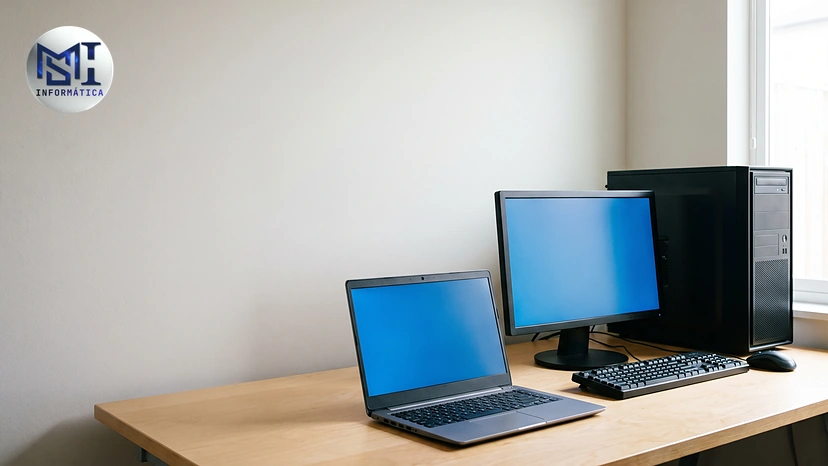 Notebook ou desktop: um notebook aberto ao lado de um PC de mesa com monitor, teclado e mouse na mesma mesa