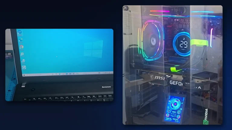 Notebook Lenovo ligado e o desktop de gabinete de vidro com placa GeForce RTX, lado a lado: notebook ou desktop