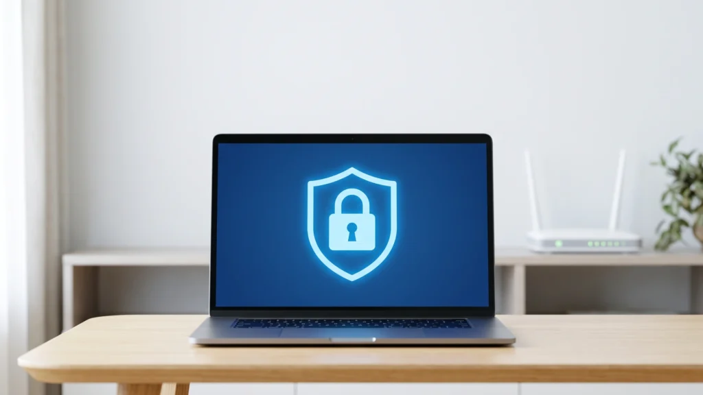 Notebook aberto numa mesa de casa, com um escudo de cadeado na tela, e um roteador Wi-Fi branco na estante ao fundo