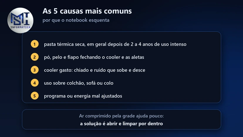 As 5 causas de notebook esquentando: pasta térmica seca, poeira no cooler, cooler gasto, uso sobre cama ou colo e programa mal ajustado