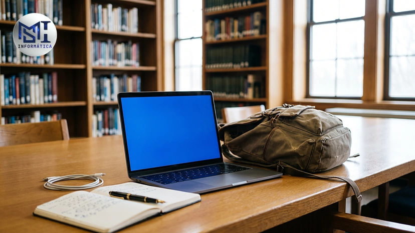Notebook aberto na mesa de uma biblioteca, com mochila e caderno: o computador que vai junto para a faculdade e o trabalho