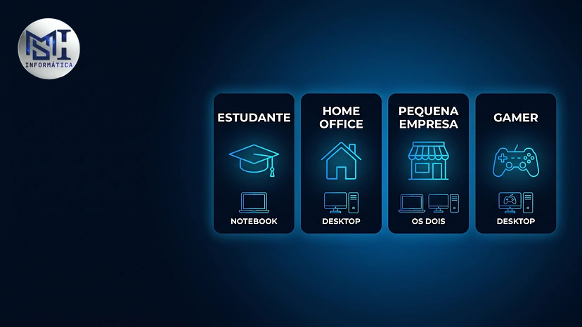 Notebook ou desktop por perfil: notebook para o estudante, desktop para home office e gamer, os dois na pequena empresa