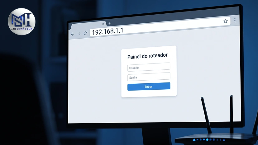 Navegador com 192.168.1.1 na barra de endereços abrindo a tela de entrada do painel do roteador