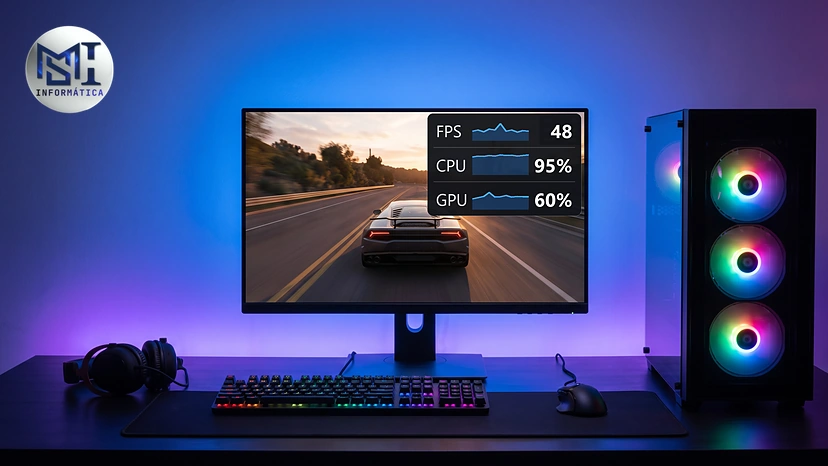 Monitor com um jogo de corrida e o painel de desempenho no canto: 48 FPS, processador em 95% e placa de vídeo em 60%