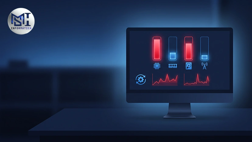 Monitor com painel de desempenho mostrando uso alto de processador e de disco depois de uma atualização do Windows