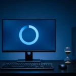 PC lento depois de atualizar o Windows: monitor com o círculo de progresso da atualização e uma ampulheta ao lado do gabinete