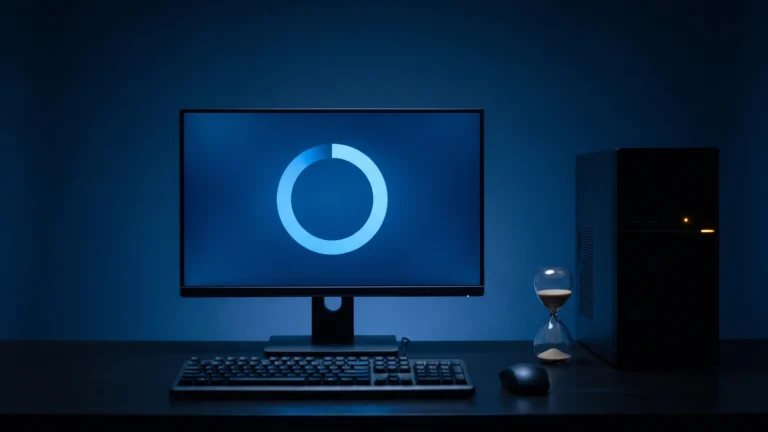 PC lento depois de atualizar o Windows: monitor com o círculo de progresso da atualização e uma ampulheta ao lado do gabinete