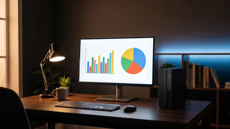 PC para home office: monitor com gráficos de barras e de pizza, PC de mesa compacto, teclado, mouse e luminária numa mesa organizada