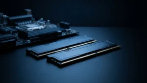 Dois pentes de memória RAM de desktop com dissipador escuro sobre uma mesa, ao lado de uma placa-mãe desfocada