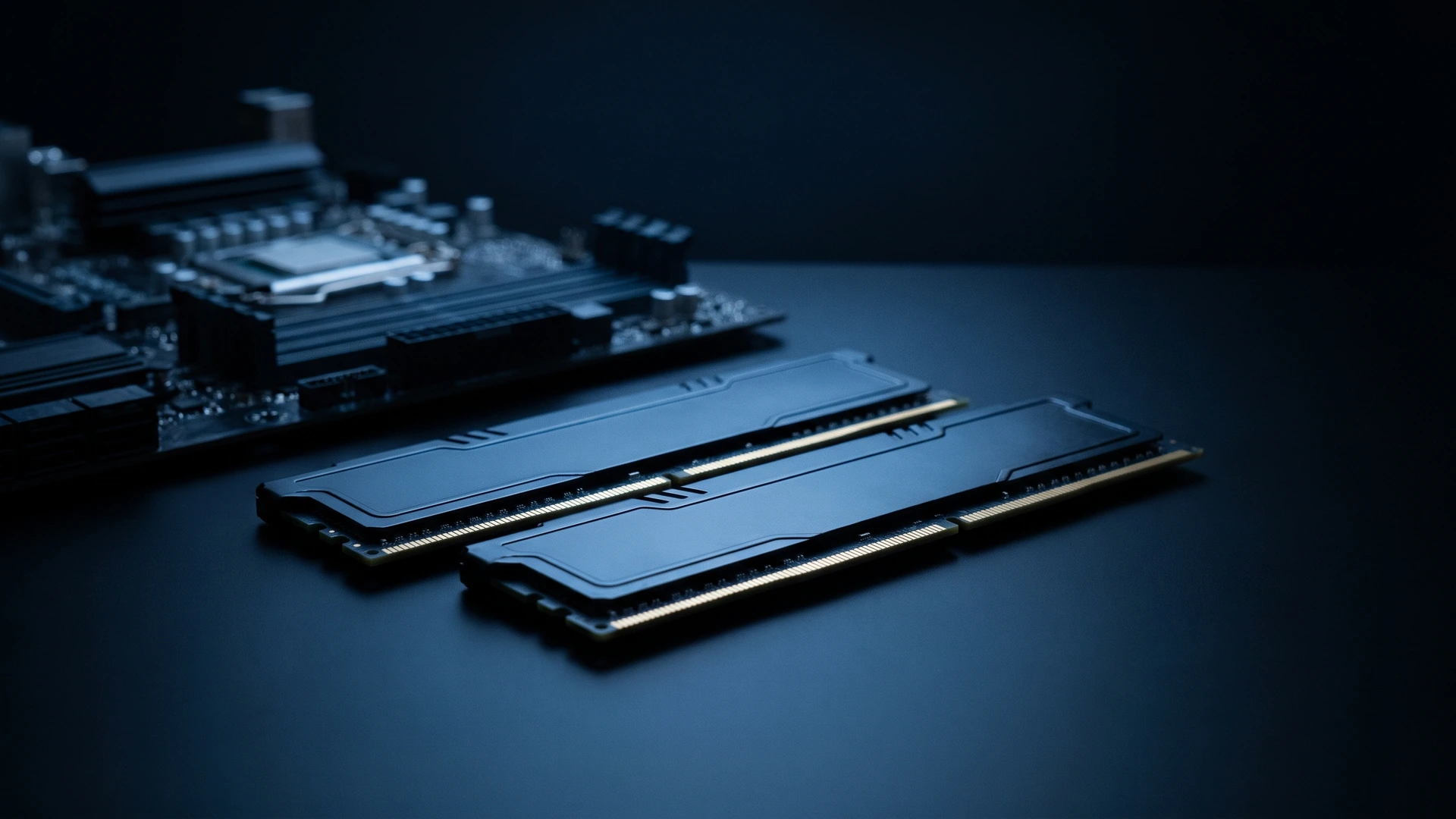 Dois pentes de memória RAM de desktop com dissipador escuro sobre uma mesa, ao lado de uma placa-mãe desfocada