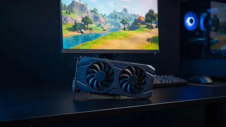Placa de vídeo de entrada com duas ventoinhas sobre a mesa de um PC para jogar em Full HD, com o monitor ao fundo