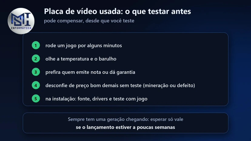 Placa de vídeo usada: rodar um jogo, olhar temperatura e barulho, pedir nota ou garantia e desconfiar de preço bom demais