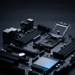 Placa-mãe moderna de PC para Ryzen vista de cima, com o soquete e o dissipador do chipset em destaque
